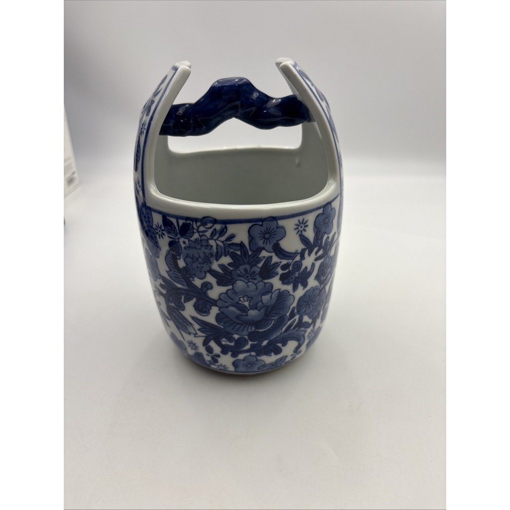 Vintage Ceramic Bucket Pail Vase China Floral Blue White Porcelain